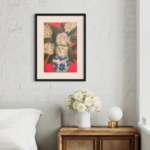Abstract hydrangeas in delft vase